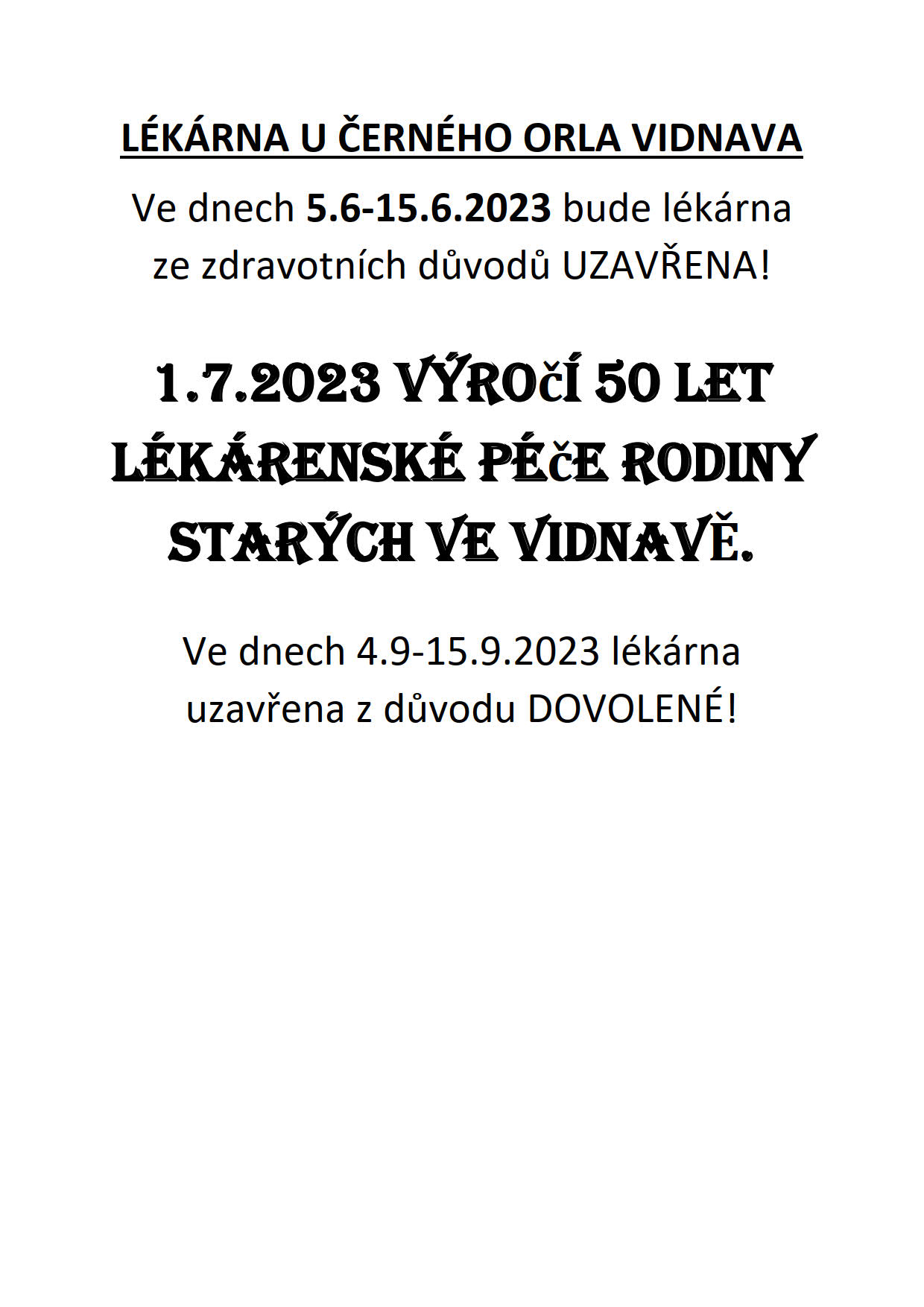 Lékárna ve Vidnavě oznamuje
