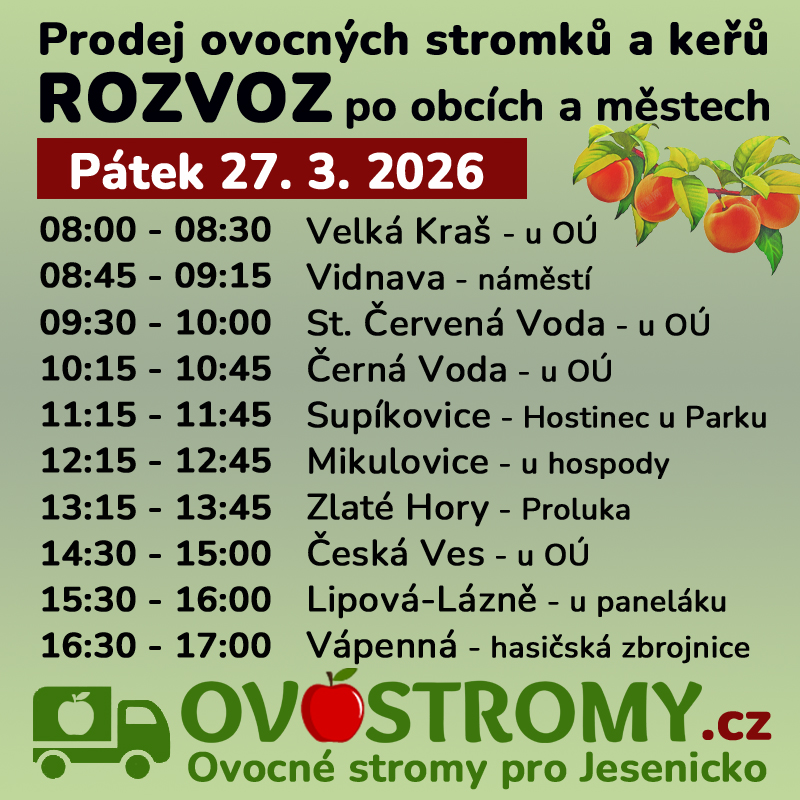 jarní rozvoz ovocných stromků – pátek 27. 3. 2026